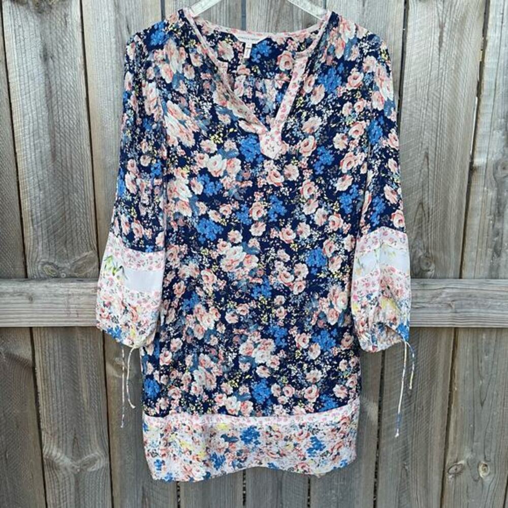 Rebecca Taylor Mini Shift Dress Silk Floral Gigi Fleur Boho Long Sleeves Size 4